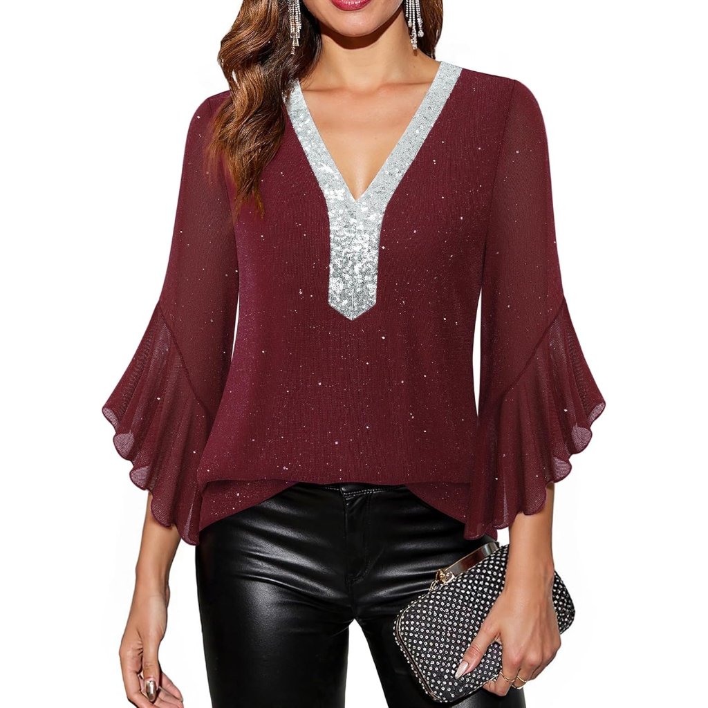 Women's Ruffle 3/4 Sleeve Sparkly Tops Sequin V Neck Blouses Dressy Fall Shirts